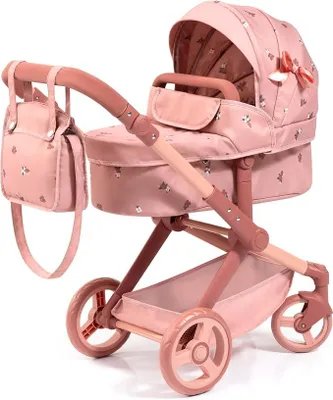 Imagen del producto de Cochecito para muñecas Xeo con bolsa, asa ajustable en altura, mecanismo de dirección giratorio, convertible en un cochecito para correr, ruedas delanteras móviles, cesta integrada, color rosa