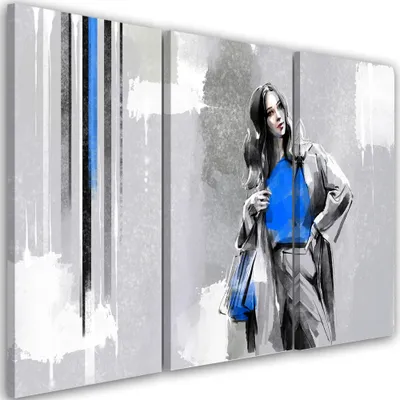 Produktbild von Triptychon auf leinwand frau im mantel 90x60 cm Feeby silber wandbild bereit zum aufhängen