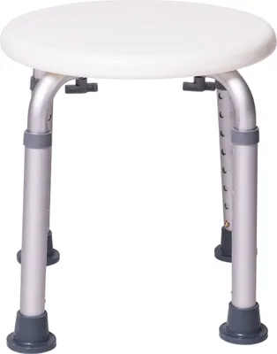 A white and silver adjustable shower stool against a white background.