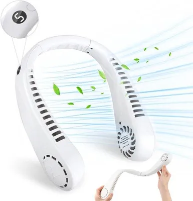 Immagine prodotto di Ventilatore da collo personale, portatile, ricaricabile tramite USB, 5 velocità, LED, orientabile a 360 gradi, bianco, 1200 mA