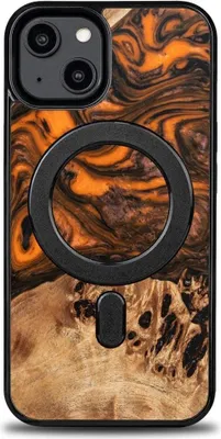 Image de Bewood Unique Magsafe Orange Wood and Resin Case for Iphone 15 - Orange et noir