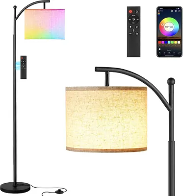 Image de Lampe sur pied LED intelligente pour salon, lampe sur pied RGB WiFi avec télécommande, compatible avec Alexa et Google Home, lampe de lecture contrôlable via une application, intensité réglable et changement de couleur, 10 W, lampe d'angle moderne pour salon ou chambre à coucher