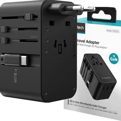 Obrázek produktu pro Cestovní adaptér Choetech Pd5022 70W Eu / Us / Aus / Uk s vestavěným kabelem Usb-C - černý