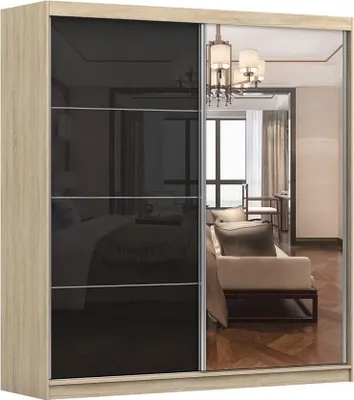 Produktbild von Kleiderschrank M31 mit Spiegel 203 cm, Schwebetürenschrank, Garderobeschrank Schlafzimmer; Wohnzimmerschrank; Korpus Schrank Farbe: Sonoma; Farbe der Schrankfront: Schwarz Hochglanz- 2 Schiebetüren