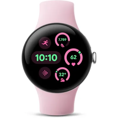 Produktbild von Google Pixel Watch 3 Smartwatch, 41mm, Wi-Fi, Polished Silver Aluminium Case, Sportarmband Rose Quartz Fluorelastomer, Wear OS, Actua-Display, Fitness- & Lifestyle-Begleitung, Tagesform-Index