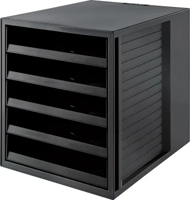 Produktbild von HAN Schubladenbox SCHRANK-SET KARMA mind. 80% Recycling-Kunststoff mit 5 offenen Schubladen für Unterlagen, auf dem Schreibtisch/im Schrank, inkl. Auszugsperre, Gummifüße, 14018-13, schwarz