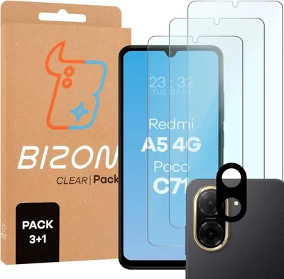 A product shot featuring packaging and the product itself, including a smartphone screen protector and a phone camera lens protector.