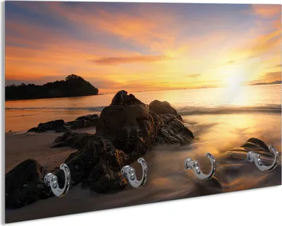 Produktbild von Wallario Schlüsselbrett aus Glas, Motiv: Sonne über dem Meer mit Felsenlandschaft, 30 x 20 cm mit 4 Haken