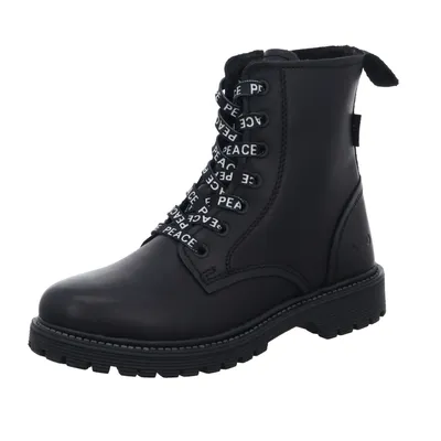 A black lace-up boot is shown against a white background.