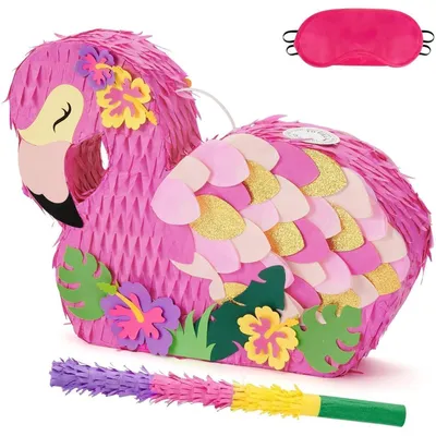 Image de Piñata flamant rose avec masque et bâton, idéale pour les fêtes d'anniversaire des enfants