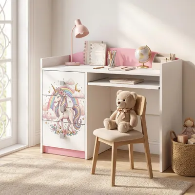Produktbild von Rosa Kinderschreibtisch mit Schublade und Schrankfach, Schülerschreibtisch Hausaufgabentisch für Mädchen, Computertisch mit Motiv, KI-generiertes Bild