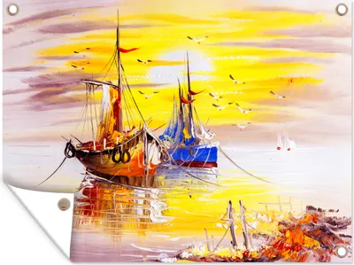 Produktbild von MuchoWow® 40x30 cm Outdoor-Poster Gartendeko Sichtschutz Garten Poster für den Garten  Malerei - Boot - Wasser - Ölfarbe