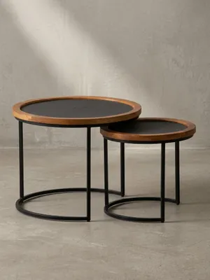 Produktbild von Couchtisch 2er Set Mango Massivholz / Steinoptik Wohnzimmertisch Rund, Satztisch mit Metallgestell, Kaffeetisch Modern, Sofatisch Verschachtelungstisch 2-teilig Braun / Anthrazit