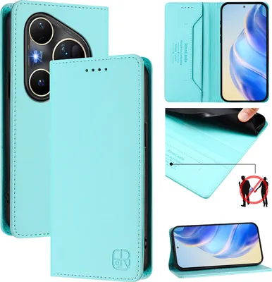 Produktbild von Lederhülle für Huawei Pura 80 Ultra Hülle Flip Brieftasche Kartenfächern Ständer Schutzhülle Türkis