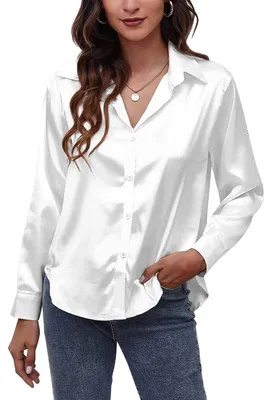 Imagen del producto de Camisa de satén de manga larga - Blusa para mujer - Transpirable - Ligera - Cómoda - Textura similar a la seda - Adecuada para la oficina - Blusa