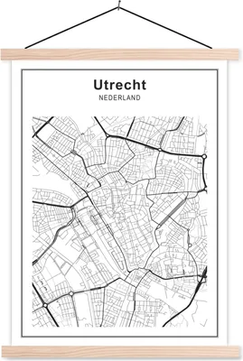 Produktbild von MuchoWow® Textilposter Stadtplan - Utrecht - Schwarz und weiß 40x53 cm mit holzfarbenen Rahmen - Schlafzimmer