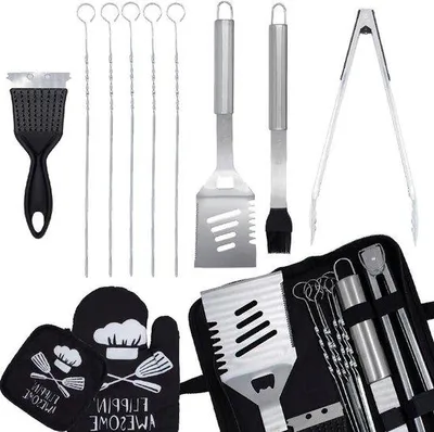 Immagine prodotto di Set professionale da barbecue in acciaio inossidabile composto da 13 pezzi - Accessori per barbecue in borsa da viaggio