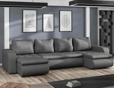 Produktbild von Easy4You Brooklyn Grau + Kunstleder Ecksofa U-Form 315 cm mit Schlaffunktion und Stauraum - Schlafsofa mit Bettkasten - Moderne Wohnzimmermöbel – Stoff: Lux06/Soft20