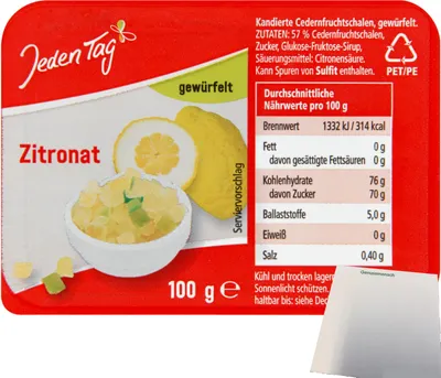 Produktbild von Jeden Tag Citronat Kandierte Zitronenschalen (100g Packung) + usy Block
