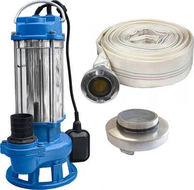 A submersible pump, a coiled hose, and an adapter are displayed against a white background.