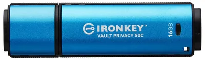 Produktbild von Kingston Technology IronKey 16GB USB-C Vault Privacy 50C AES-256 verschlüsselter, FIPS 197, 16 GB, USB Typ-C, 3.2 Gen 1 (3.1 Gen 1), 250 MB/s, Kappe, Schwarz, Blau