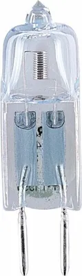 A close-up studio shot of a clear halogen light bulb with two metal pins.