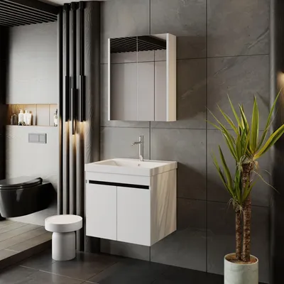 Produktbild von Badmöbel Set Weiß Venus | Waschtisch mit Unterschrank | Spiegelschrank | Keramik 60 mit Einbauwaschbecken