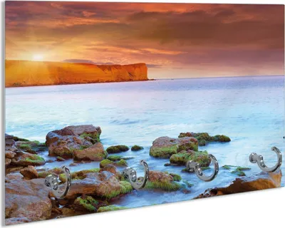 Produktbild von Wallario Schlüsselbrett aus Glas, Motiv: Sonnenaufgang am Meer mit Landzunge und Felsen im Wasser, 30 x 20 cm mit 4 Haken