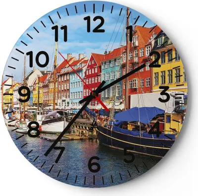 Produktbild von Wanduhr - Rund - Glasuhr - Kopenhagen Nahavn Schiffe - 40x40cm - Schleichendes Uhrwerk - Lautlos - zum Aufhängen bereit - Dekoration Modern - Wanddekoration aus Glas - C4AR40x40-4205