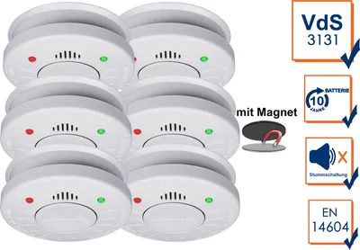 Produktbild von 6er-Set Rauchmelder mit 10 Jahres Batterie, Q-Label + Magnetbefestigung