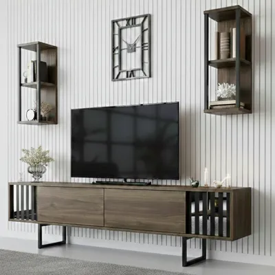 Image de Iva - Meuble TV, 180x30x48h cm Noyer Marron, 5 Étagères