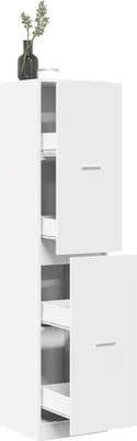 A white cabinet with two sets of pull-out drawers and a vase with greenery on top.