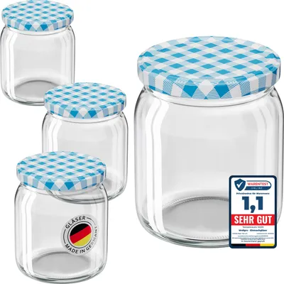 Produktbild von 100x WELLGRO Einmachgläser 400ml Schraubdeckel TO82 blau kariert