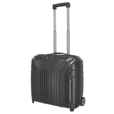 A black rolling suitcase with a telescopic handle extended, shown from a three-quarter angle against a white background.