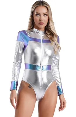 Produktbild von Damen Raumfahrer-Body – Gr. L - Astronauten Glänzender Einteiler mit Reißverschluss | Glänzend & Dehnbar Für Faschings, Party & Karnevalskostüm