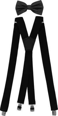 Produktbild von Fabio Farini - 1 Stück Herren Hosenträger Pack 3cm X-Form mit passender Fliege Set Schwarz 3cm Hosenträger - Schwarz Unifarben Struktur Fliege