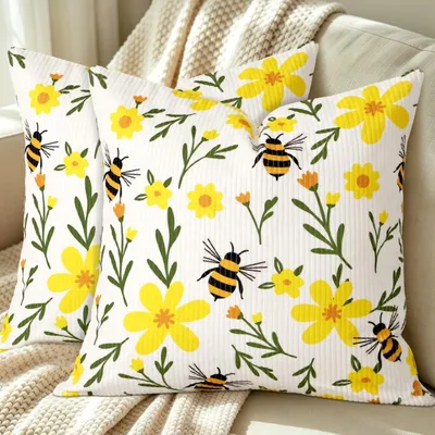 Produktbild von Kissenbezug 45x45 cm Creme Kordsamt Sofakissen 2er Set Biene