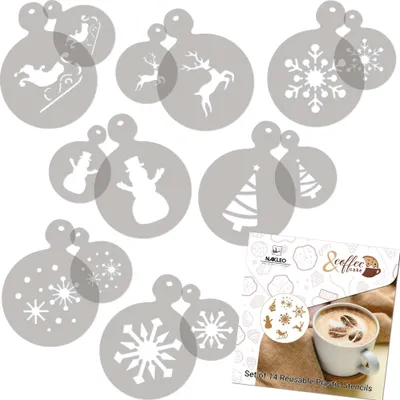 Produktbild von Kaffee Schablonen und Kekse Dekoration 14 Stück 7x7 cm und 11x11 cm, Wiederverwendbare Plastik Backen Vorlage, Winter, DIY