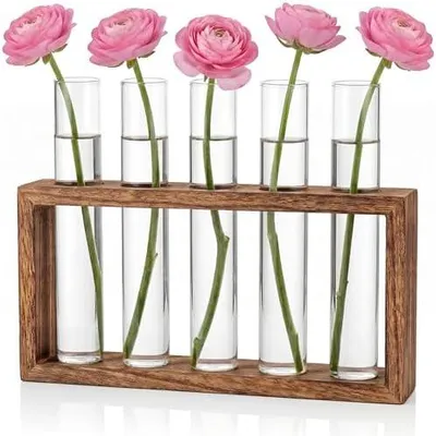 Produktbild von Kleine Vintage Blumenvase, Modern Glas Reagenzgläser für Blumen Mit Ständer Holz, Glasrohre mit Flachboden Vasen Deko Set für Hydrokultur Pflanzen Tischdeko Hause Büro Wohnzimmer Küche Deko
