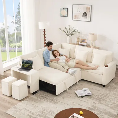 Produktbild von Merax L-förmiges ausziehbar Schlafsofa, Ecksofa mit Schlaffunktion, Stauraum, USB, Getränkehalter, Kissen, Bettsofa für Wohnzimmer & Heimkino, Beige