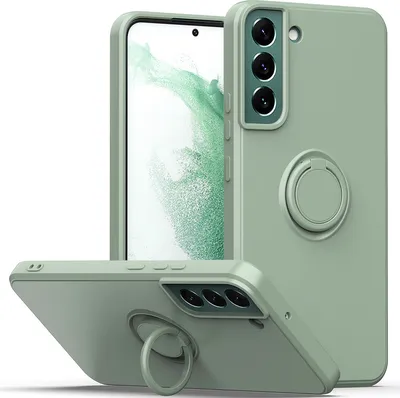 Three views of a turquoise smartphone case with a ring holder, shown against a white background.