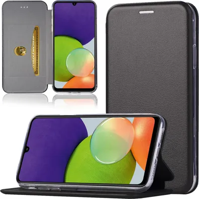A product image showing a black flip case for a Samsung Galaxy A22 5G phone, displayed from multiple angles.