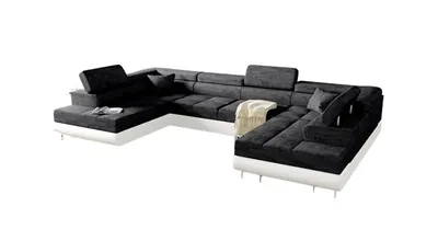 Produktbild von Ecksofa Miami U Eckcouch mit Schlaffunktion und Bettkasten, 338 x 203 cm Schwarz + Weißer Kunstleder -EKO