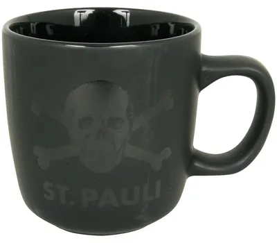 Produktbild von FC St. Pauli Kaffeebecher Totenkopf Mattschwarz, Original Fanartikel, Schwarzer Becher mit Ton-in-Ton-Totenkopf 280 ml, 100% Steingut