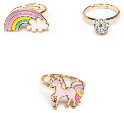 Productafbeelding van Boutique set van drie regenboogringen met eenhoornmotief.
