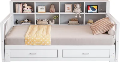 Produktbild von Merax Tagesbett 90x190 ausziehbar auf 180x190, Schlafsofa mit Stauraumfächern, Schubladen und Steckdose, Kinderbett aus Massivholz, Weiß