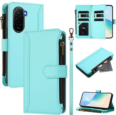 Produktbild von Handyhülle für Xiaomi Poco M7 4G Reißverschluss Geldbörse Kunstleder Klapphülle mit Kartensteckplatz, Ständer, Handschlaufe Türkis