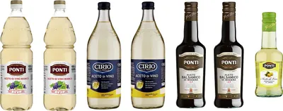 Produktbild von Testpaket Essig Ponti Weißweinessig (2 x 1Lt) + Cirio Weißweinessig (2 x 1Lt) + Ponti Balsamico Essig (2 x 500ml) + Ponti Weinessig mit Zitronengeschmack (1 x 250ml)