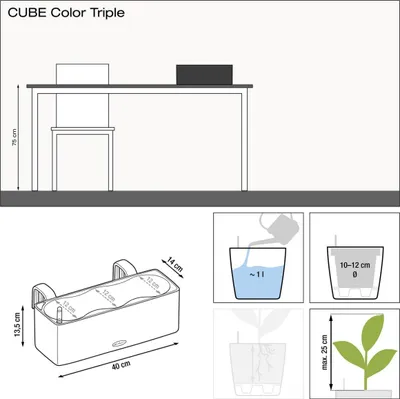 Obrázek produktu pro LECHUZA květináč CUBE Barva Trojitá břidlicově šedá | balkónový truhlík se zavlažovacím systémem a držákem | vzhled tkané struktury | 40 x 14 x 13,5 cm | 13684