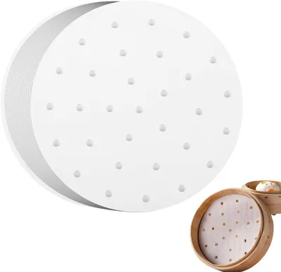 Produktbild von Dim-Sum-Papier - Set mit 100 Stück - Antihaftbeschichtung - Für Bambusdämpfer - Für Heißluftfritteusen - Für Dampfgarer - Als Auskleidung für Heißluftfritteusen - Rund